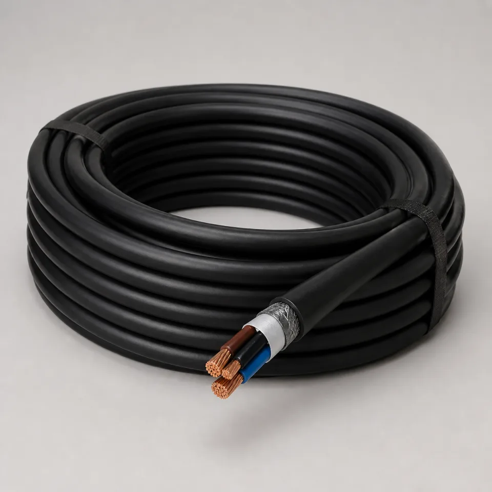 Coil of heavy-duty industrial power cable with copper conductors
