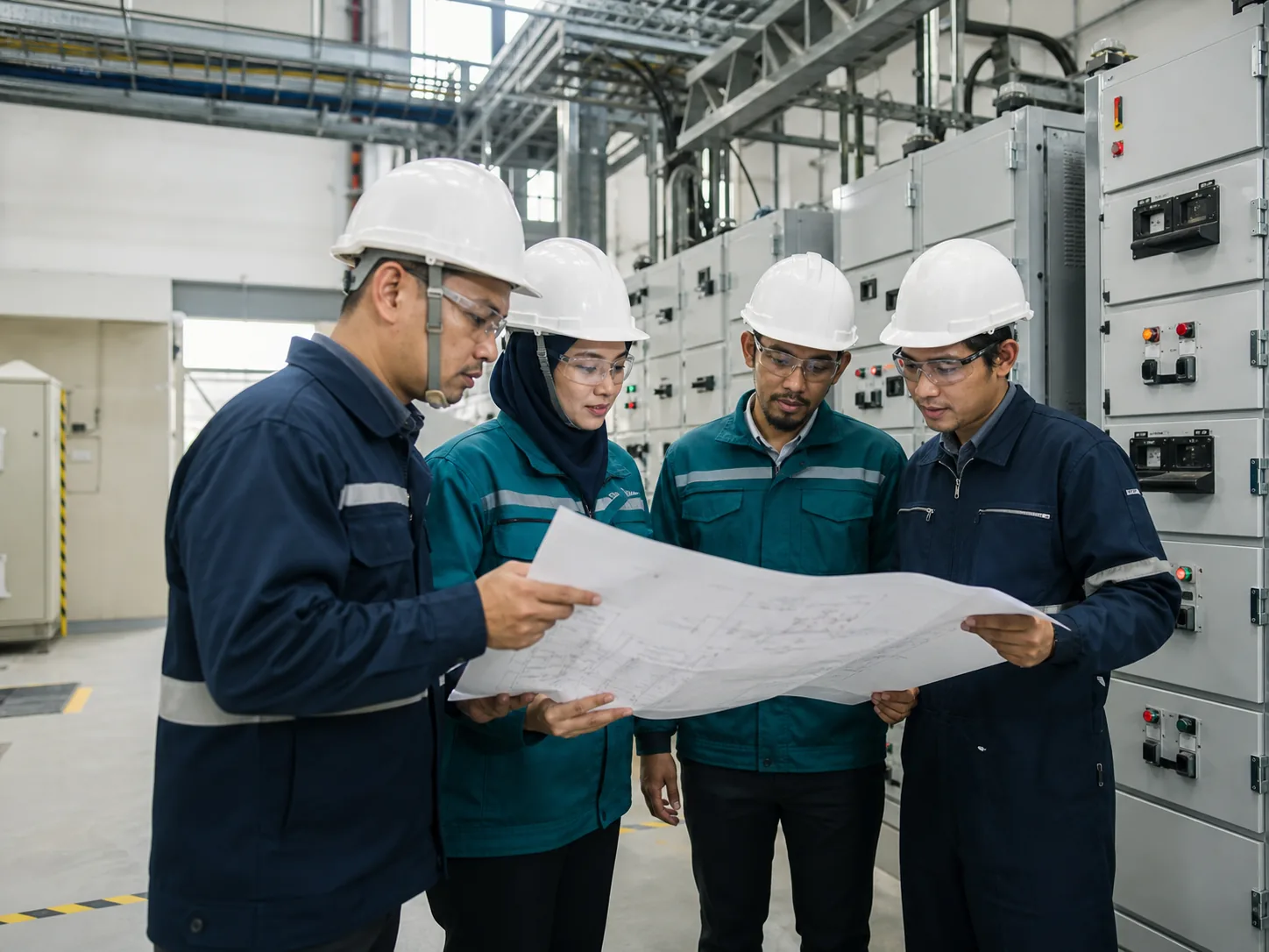 Telewiring electrical engineering team reviewing technical plans
